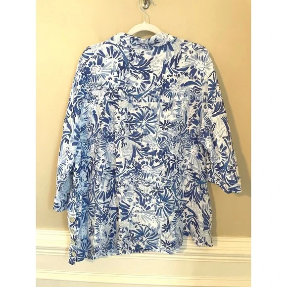 CYNTHIA ROWLEY Linen Size 2X Tunic Popover Top Blue White Flower Print Floral - Picture 2 of 8